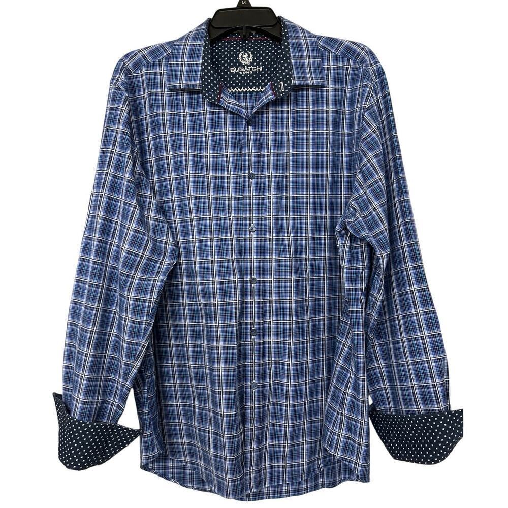 Bugatchi Cotton Blue Plaid Long Sleeve Button Down Shaped Fit Shirt Size XL